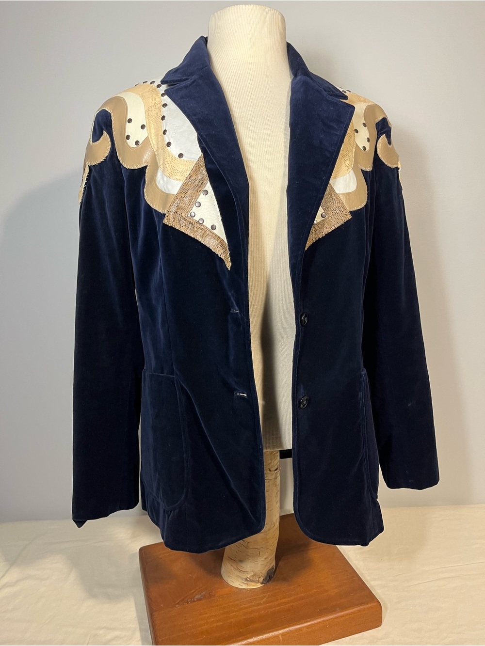 Navy Velvet Vintage Custom Upcycled Blazer Jacket Western Embellished - Picture 14 of 14